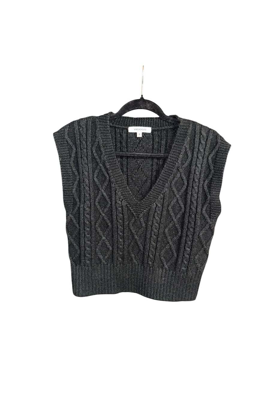Vigoss Women's Black V-Neck Cable Knit Cropped Sweater Vest Size S